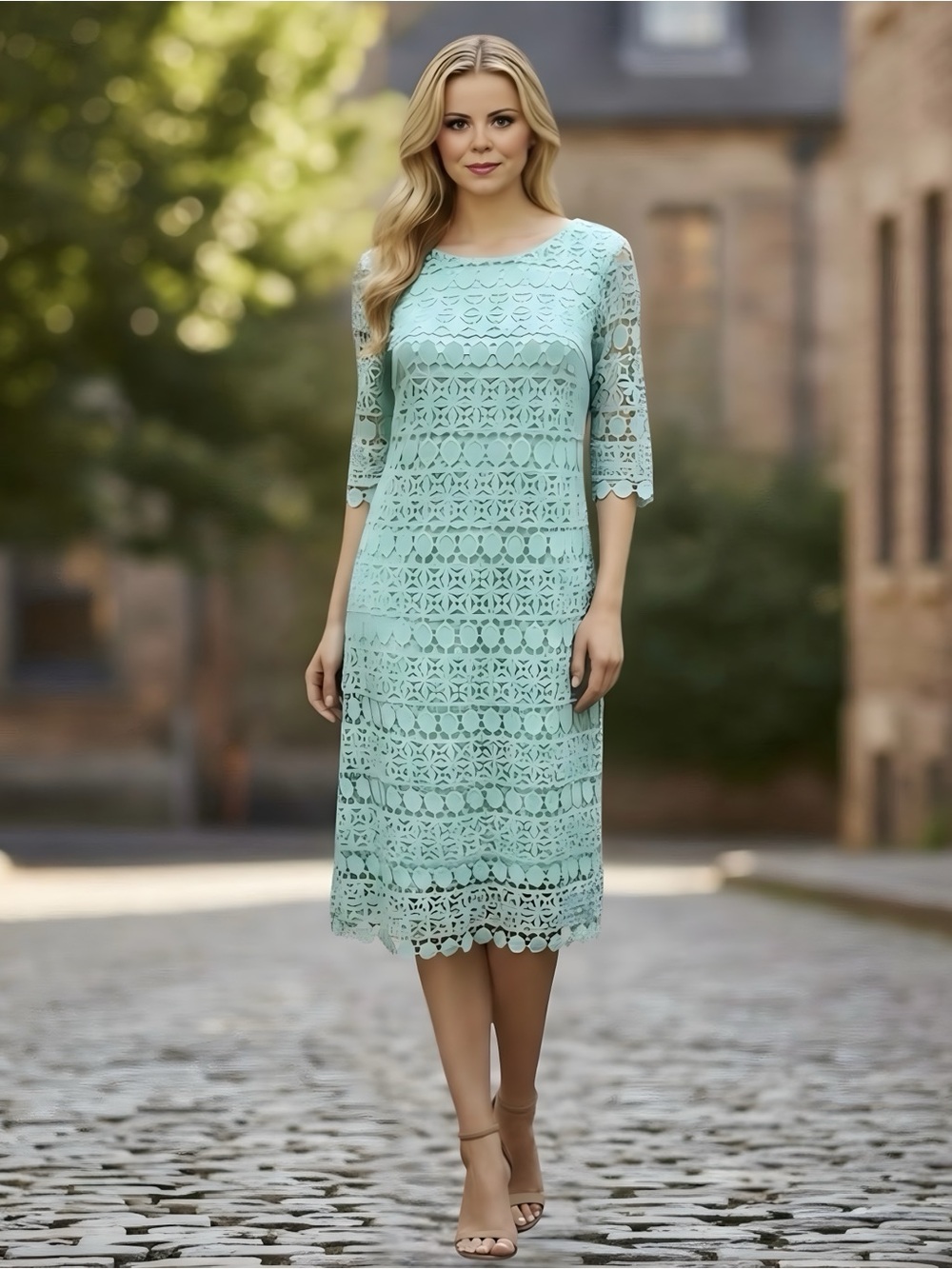 Sandra Darren Beautiful Aqua Blue Lace Detail Special Event Dress Sz 14